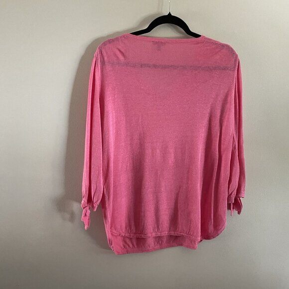 Talbots Women M Pink Split Neckline 3/4 Tie Sleeves Hamptons Linen Sweater - Picture 9 of 9